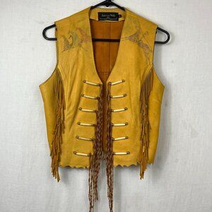 Vintage Patricia Wolf Hand Painted Leather Vest Medium Texas Made Fringe Western